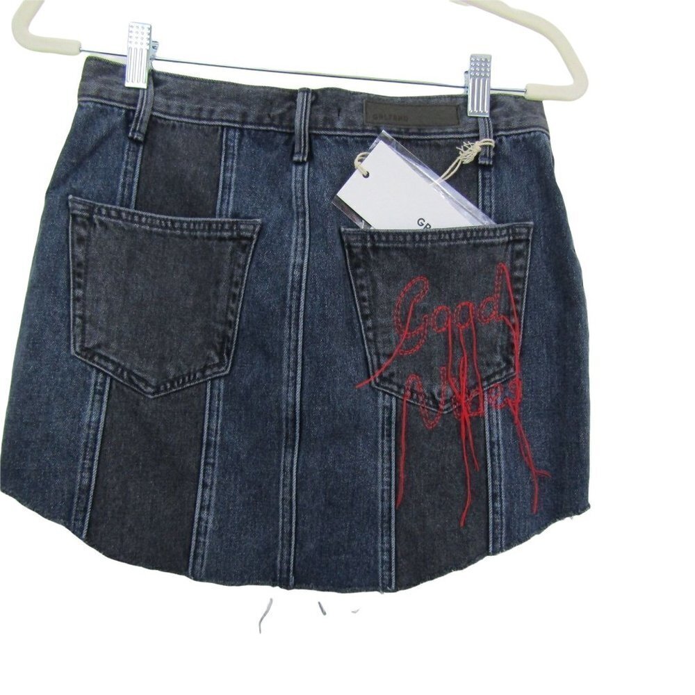 Grlfrnd NWT Good Vibes denim blue Jean Tina Boho mini skirt Raw Hem Size 27